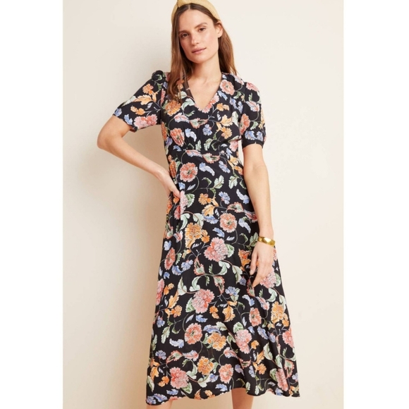 Vintage 80s Knapp Studio Novelty Print Garden Black Cottagecore Maxi Dress 9 USA - Picture 1 of 13